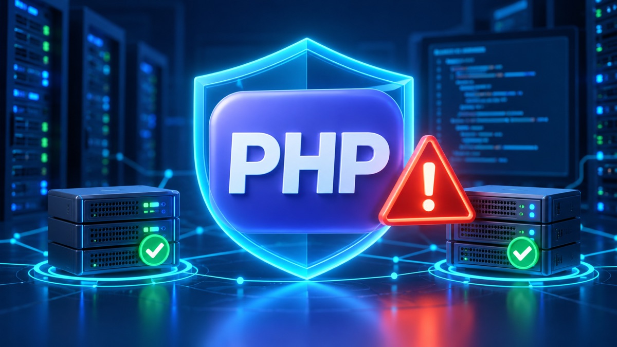 PHP2Shell脆弱性とサーバーのセキュリティ更新を表すイラスト